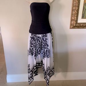 Boston Proper Black Strapless Dress with White & Blue Printed Skirt